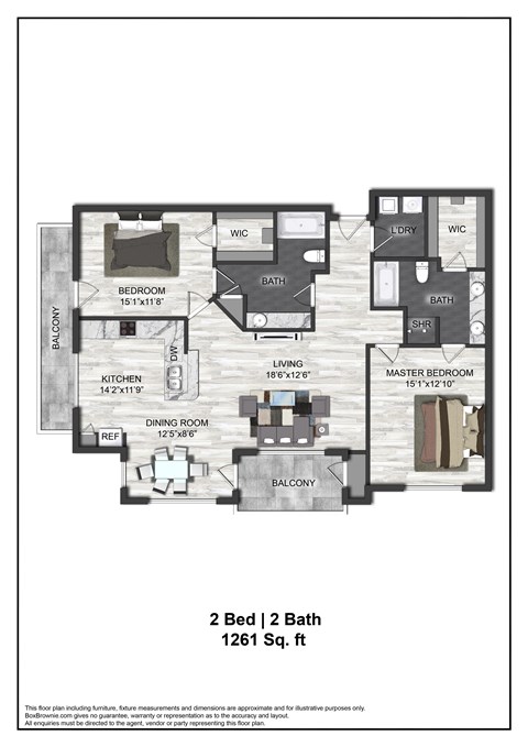 A floor plan of a 2 bedroom, 2 bathroom apartment sized at 1261 square feet.